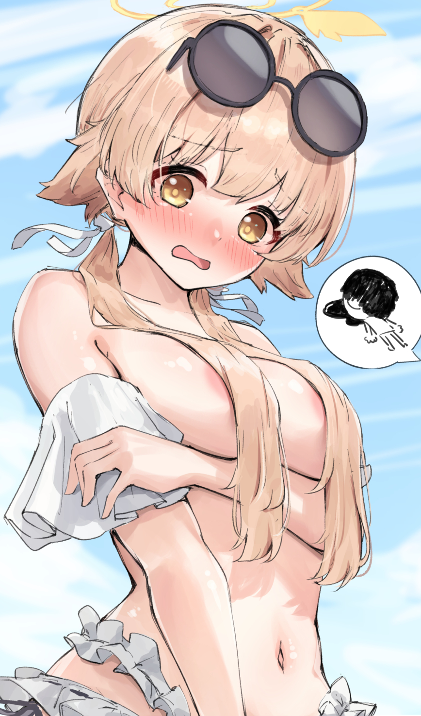 1girl akasaki_koyo areola_slip arm_under_breasts aroused_nosebleed bare_shoulders bikini bikini_bottom_only blood blue_archive blush breasts brown_eyes brown_hair collarbone commentary_request convenient_censoring day doodle_sensei_(blue_archive) embarrassed eyewear_on_head frilled_bikini frills furrowed_brow hair_between_eyes hair_censor hair_over_breasts hair_ribbon halo hand_up hifumi_(blue_archive) hifumi_(swimsuit)_(blue_archive) highres holding_own_arm long_hair low_twintails medium_breasts navel nose_blush nosebleed official_alternate_costume open_mouth outdoors pool_of_blood ribbon ribbon-trimmed_bikini ribbon_trim round_eyewear sensei_(blue_archive) sideboob solo speech_bubble spoken_character stomach sunglasses swimsuit tareme topless_female twintails upper_body wavy_mouth white_bikini white_ribbon winged_halo yellow_halo