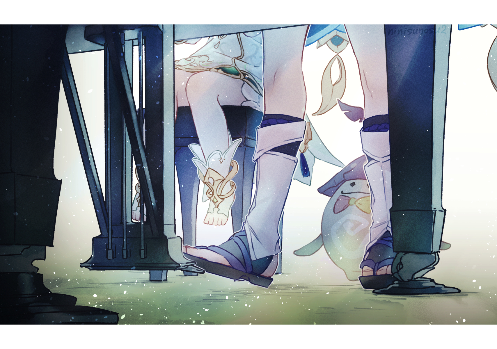 1boy 1girl anklet aranara_(genshin_impact) black_footwear black_leggings bloomers border bow bowtie creature dress feet foot_focus genshin_impact gold_trim highres instrument jewelry leg_focus leg_warmers leggings letterboxed looking_up nahida_(genshin_impact) ninisunosu2 piano purple_rope rope sandals scaramouche_(genshin_impact) sitting standing stirrup_legwear toeless_footwear toeless_legwear toenails toes underwear wanderer_(genshin_impact) white_background white_bloomers white_border white_dress white_footwear white_leg_warmers yellow_bow yellow_bowtie zouri
