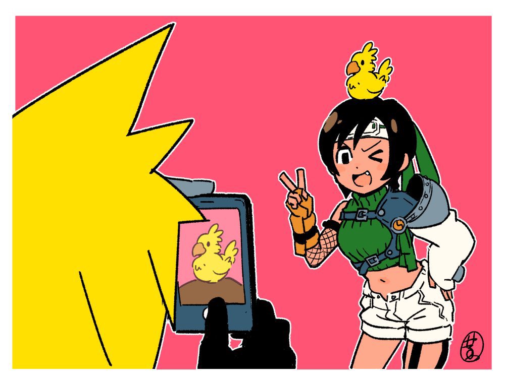 1boy 1girl animal animal_on_head armor asymmetrical_legwear bad_tag bird bird_on_head black_gloves black_hair blonde_hair border breasts chest_strap cloud_strife cowboy_shot crop_top fang final_fantasy final_fantasy_vii fingerless_gloves gloves green_shirt hand_on_own_hip headband holding holding_phone konakawa medium_breasts midriff navel on_head one_eye_closed open_fly open_mouth orange_gloves pauldrons phone pink_background shirt shorts shoulder_armor single_arm_guard single_bare_shoulder single_fishnet_armwear single_pauldron sleeveless sleeveless_turtleneck smile taking_picture turtleneck v white_border white_shorts yuffie_kisaragi