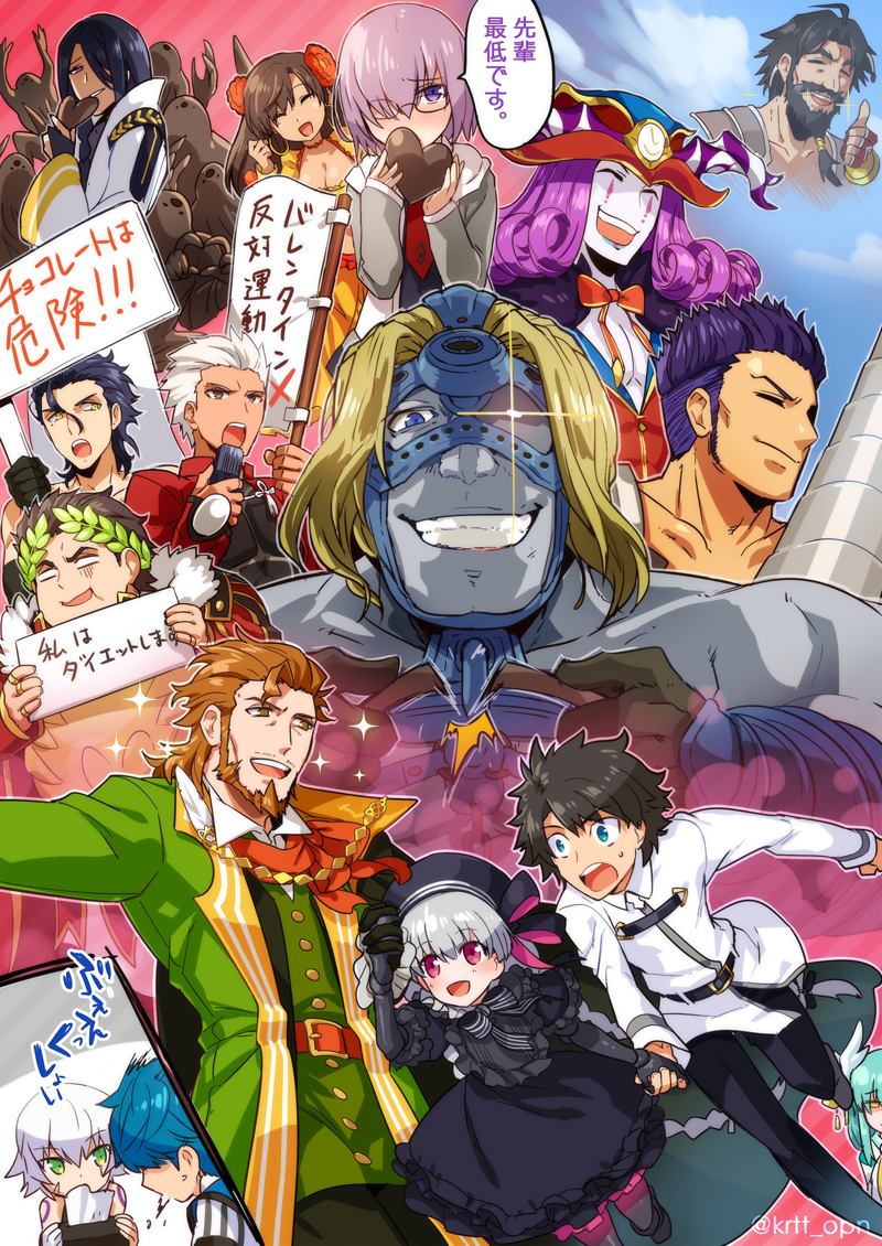 10s 4girls 6+boys :o archer_(fate) black_dress blonde_hair blush diarmuid_ua_duibhne_(fate) diarmuid_ua_duibhne_(lancer)_(fate) dress edward_teach_(fate) evil_grin evil_smile fate/apocrypha fate/extra fate/extra_ccc fate/grand_order fate/prototype fate/prototype:_fragments_of_blue_and_silver fate/stay_night fate/zero fate_(series) fergus_mac_roich_(fate) fujimaru_ritsuka_(male) gaius_julius_caesar_(fate) glowing glowing_eye grin hans_christian_andersen_(fate) jack_the_ripper_(fate/apocrypha) kiritachi kiyohime_(fate) long_sleeves looking_at_viewer mash_kyrielight mata_hari_(fate) mephistopheles_(fate) multiple_boys multiple_girls muscular nursery_rhyme_(fate) nursery_rhyme_(fate/grand_order) open_mouth paracelsus_von_hohenheim_(fate) red_eyes sign signature smile smirk spartacus_(fate) teeth valentine william_shakespeare_(fate)