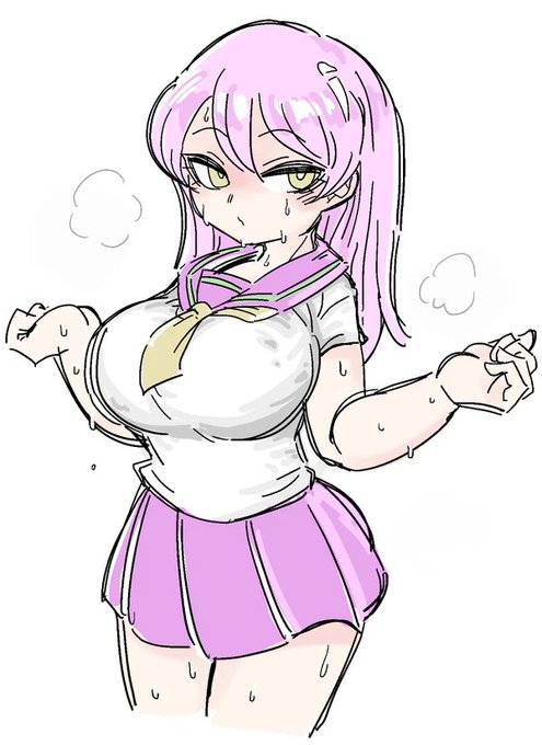 1girl bamman breasts commentary dripping english_commentary hair_between_eyes large_breasts long_hair looking_at_viewer miniskirt original pink_hair pink_skirt sailor_collar school_uniform serafuku short_sleeves simple_background sketch skirt solo steam steaming_body sweat thighs white_background yellow_eyes yellow_sailor_collar