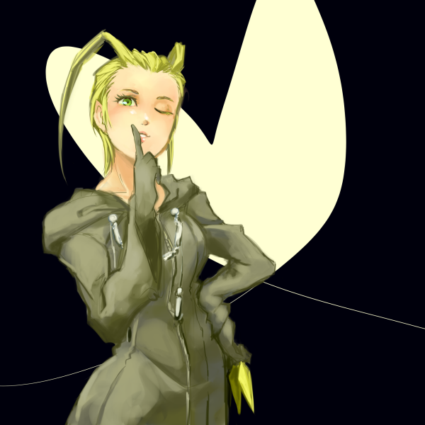 1girl antenna_hair bad_id bad_pixiv_id black_coat_(kingdom_hearts) blonde_hair cloak female_focus gloves green_eyes kingdom_hearts larxene one_eye_closed solo ssmell wink