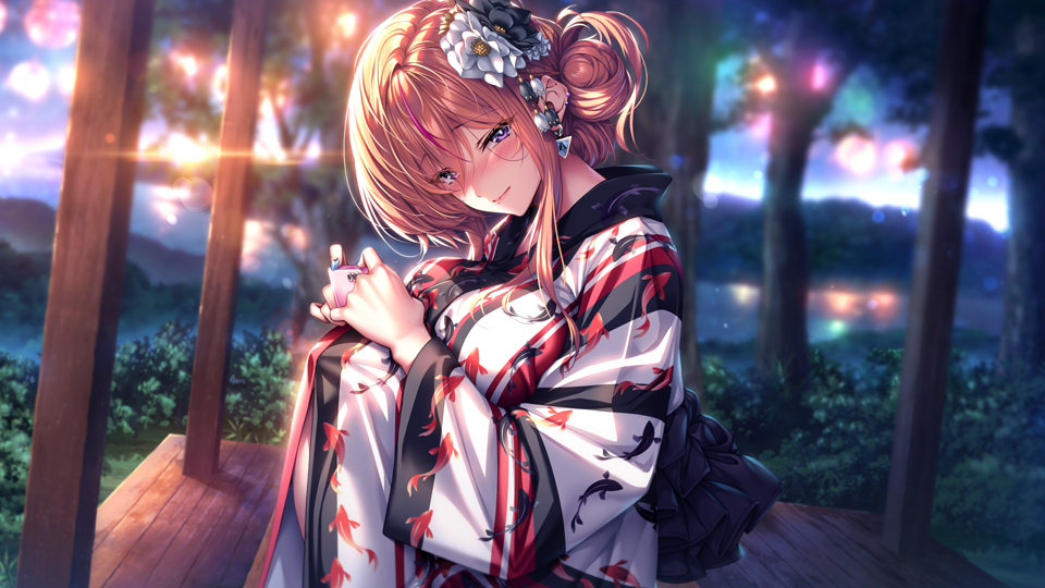 1girl aerial_fireworks amakano_3 animal_print back_bow black_kimono blue_eyes blush bow breasts bush cellphone closed_mouth ear_piercing earrings fireworks fish_print flower hair_bun hair_flower hair_ornament holding holding_phone japanese_clothes jewelry kimono large_breasts looking_at_viewer multicolored_hair multicolored_kimono nail_polish night official_art orange_hair phone piercing piromizu red_hair single_side_bun smile solo streaked_hair tree white_kimono yanagi_kanon yukata