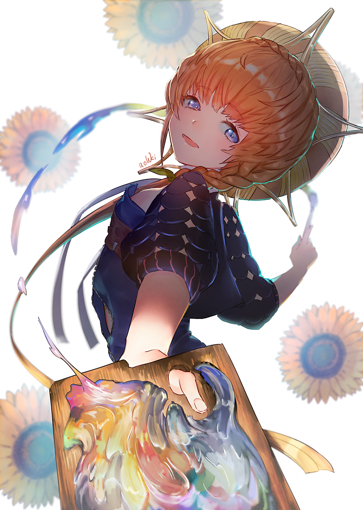 1girl art_brush artist_painter blue_eyes braid breasts crown_braid fate/grand_order fate_(series) floral_background flower hat holding holding_paint_palette holding_paint_palette long_hair long_sleeves looking_at_viewer orange_hair paint_palette paintbrush paint_palette side_braid small_breasts smile solo sunflower van_gogh_(fate) van_gogh_(first_ascension)_(fate) waterstaring