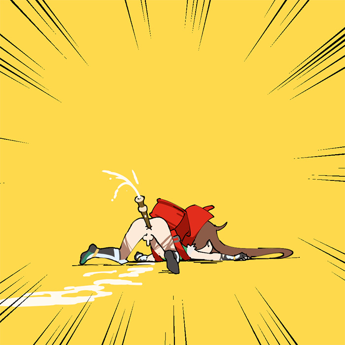 1boy after_anal aftersex anal anal_object_insertion androgynous anus anus_peek ass backpack bag bodysuit brown_hair chibi cum cum_in_ass cum_overflow defeat emphasis_lines flute full_body holding holding_flute holding_instrument humiliation instrument kyoufuu_all_back_(vocaloid) leotard long_hair lying multicolored_leotard object_insertion on_stomach parody randoseru recorder school_bag simple_background small_penis solo taimanin_(series) taimanin_rpgx taimanun testicles top-down_bottom-up torn_bodysuit torn_clothes torn_leotard trap uehara_shikanosuke wide_hips yaoi yellow_background