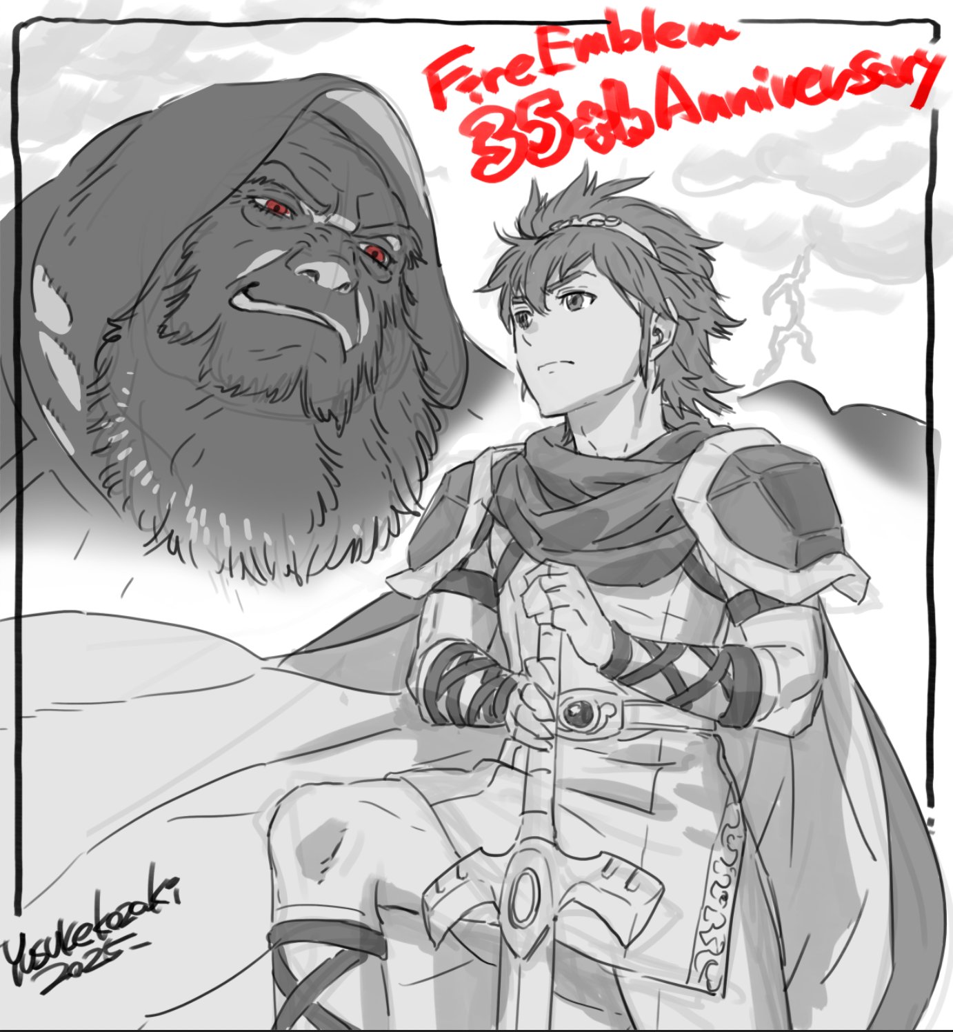 2boys anniversary armor beard cape commentary_request facial_hair fire_emblem fire_emblem:_shadow_dragon_and_the_blade_of_light greyscale highres kozaki_yuusuke male_focus marth_(fire_emblem) medeus monochrome multiple_boys nintendo old old_man red_eyes short_hair shoulder_armor signature sketch spot_color sword tiara weapon