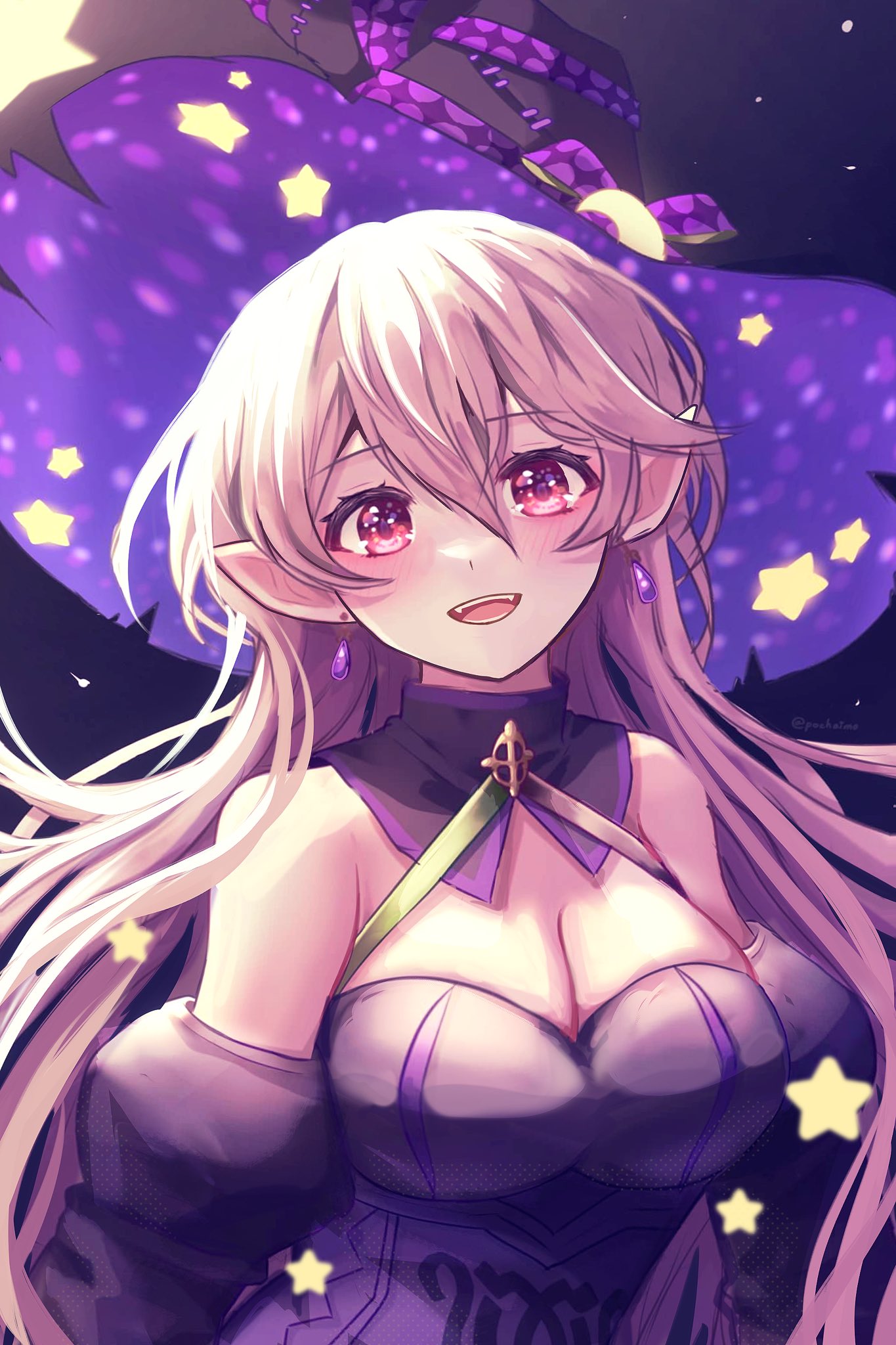1girl black_dress breasts cleavage corrin_(female)_(fire_emblem) corrin_(female)_(halloween)_(fire_emblem) crescent crescent_hat_ornament dress earrings fire_emblem fire_emblem_fates fire_emblem_heroes halloween halloween_costume hat hat_ornament highres jewelry large_breasts nintendo official_alternate_costume pochaimo pointy_ears witch witch_hat