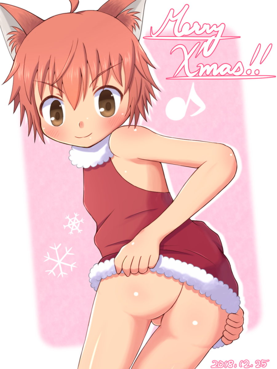 1boy animal_ear_fluff animal_ears ass ass_focus auburn_hair bare_shoulders blush bottomless brown_eyes cat_boy cat_ears christmas christmas_dress clant_st clothes_lift crossdressing crossdressing_(mtf) dress dress_lift from_behind highres looking_back looking_down male_focus mooning musical_note naughty_face original pink_background presenting red_dress short_hair shota snowflake_background solo solo_focus testicles trap