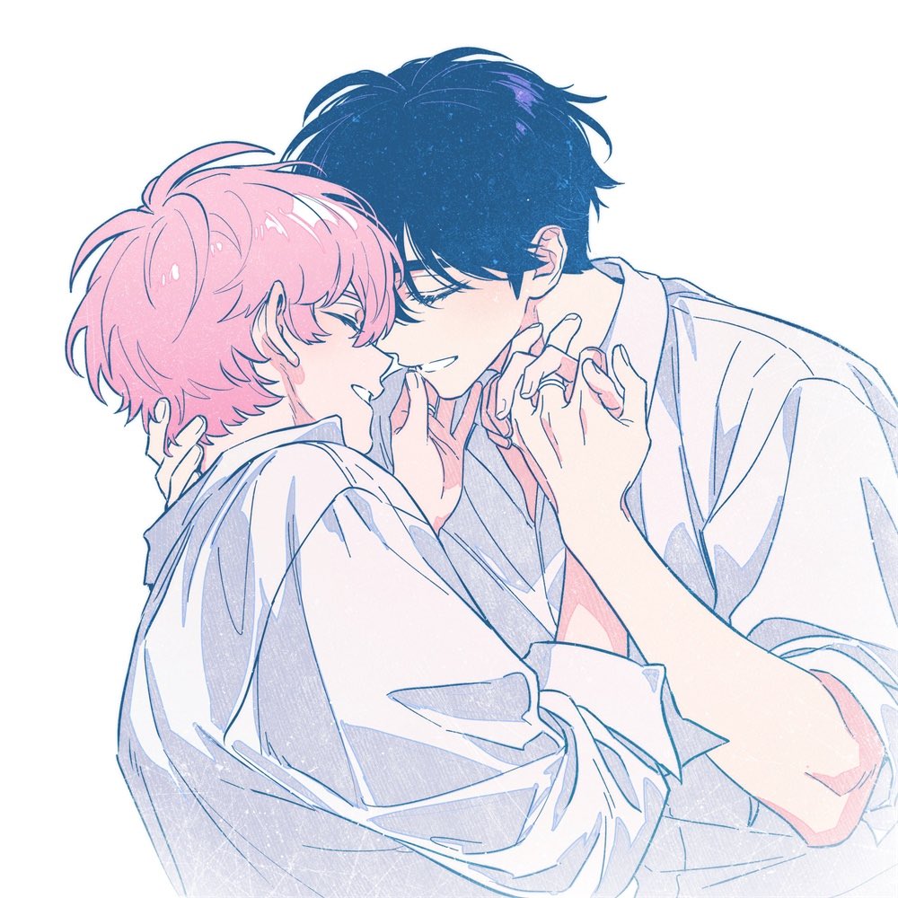 2boys bamby_(plave) black_hair closed_eyes collared_shirt commentary hand_on_another&#039;s_face hand_on_another&#039;s_neck holding_hands husband_and_husband interlocked_fingers jewelry k-pop kaicggo male_focus multiple_boys open_mouth pink_hair plave ring shirt short_hair simple_background sleeves_rolled_up smile symbol-only_commentary upper_body wedding_ring white_background white_shirt yaoi yejun_(plave)