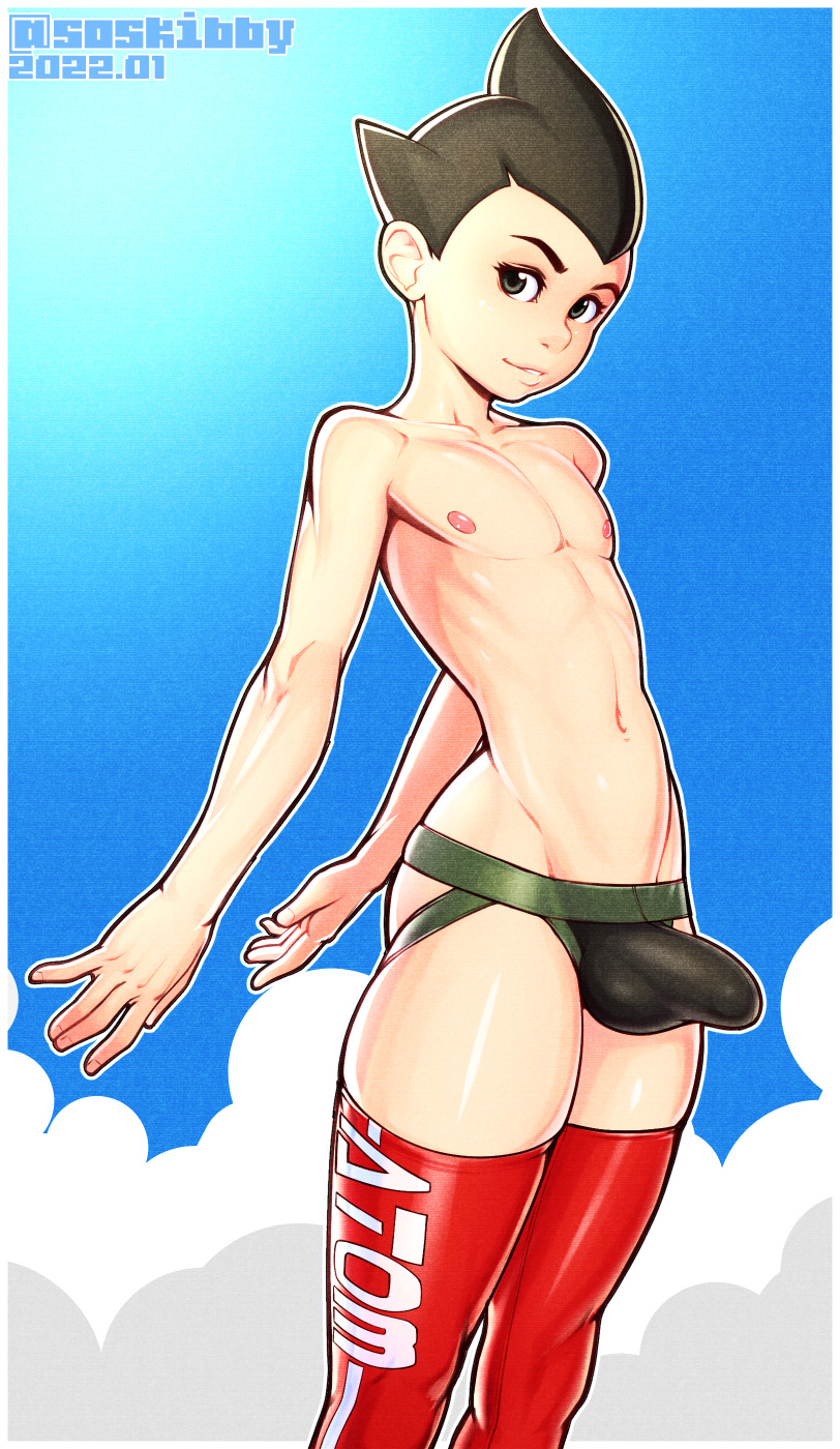 1boy atom_(tetsuwan_atom) bulge jockstrap male_focus male_underwear navel penis skibby testicles tetsuwan_atom thighhighs trap underwear