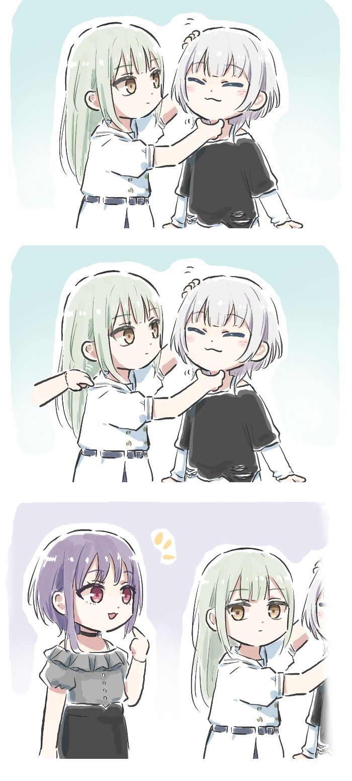 3girls bang_dream! bang_dream!_it&#039;s_mygo!!!!! belt black_choker black_shirt blue_belt blush choker closed_eyes closed_mouth commentary dress frilled_shirt frills green_hair grey_shirt headpat highres kaname_raana layered_sleeves long_hair long_sleeves lyy mortis_(bang_dream!) mortis_(persona)_(bang_dream!) multiple_girls pink_eyes purple_hair school_uniform scratching_chin shirt short_hair short_over_long_sleeves short_sleeves smile symbol-only_commentary trait_connection tsukinomori_school_uniform wakaba_mutsumi white_dress white_hair white_shirt yellow_eyes yuutenji_nyamu
