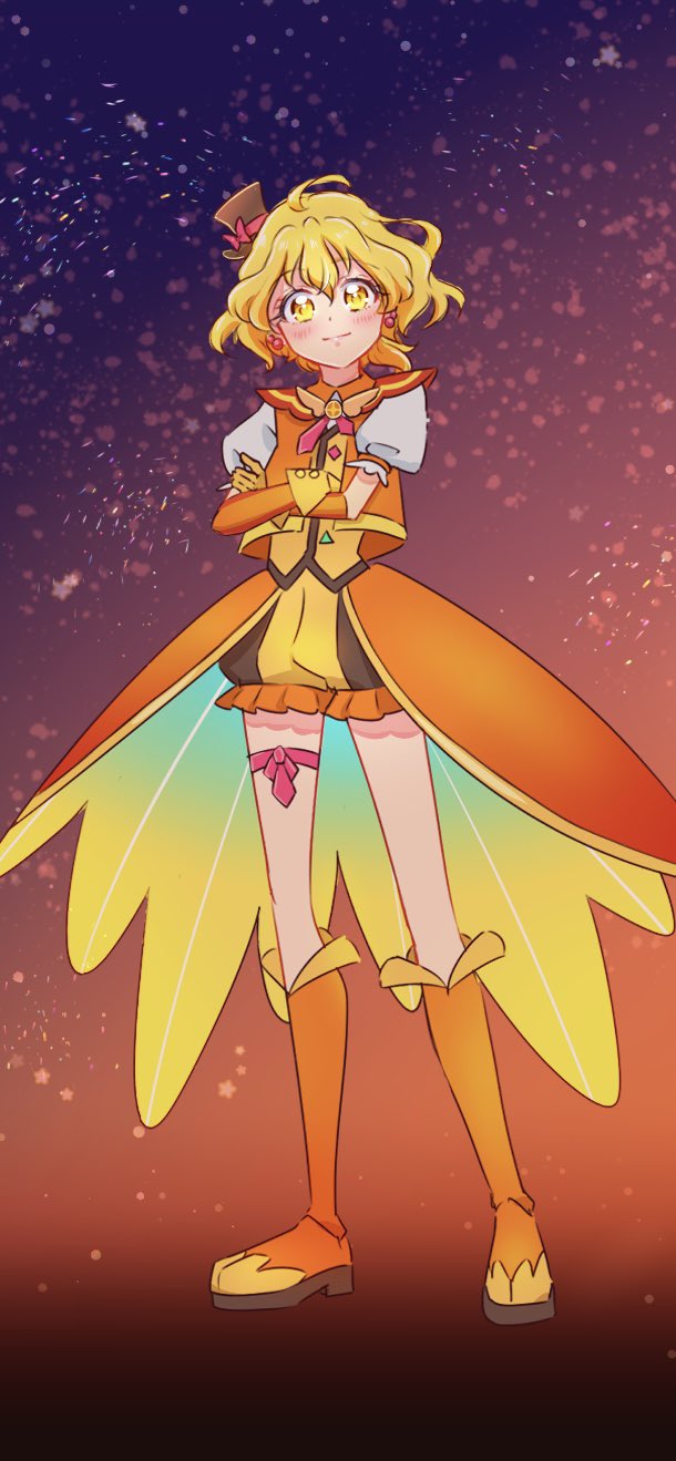 1girl blonde_hair blush boots commentary cosplay crossover cure_pine cure_wing cure_wing_(cosplay) earrings elbow_gloves eyelashes fpminnie1 fresh_precure! gloves gradient_background hair_ornament happy hat highres hirogaru_sky!_precure in-franchise_crossover jewelry knee_boots looking_at_viewer magical_girl mini_hat orange_boots orange_gloves precure puffy_short_sleeves puffy_sleeves short_hair short_sleeves sketch smile solo standing symbol-only_commentary yamabuki_inori yellow_eyes