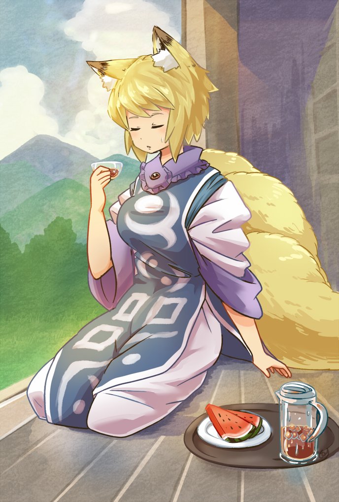 1girl animal_ear_fluff animal_ears breasts closed_mouth cloud cloudy_sky cup day dress food fox_ears fox_tail fruit holding holding_cup large_breasts mountain multiple_tails no_headwear parted_lips pitcher_(container) pmx sitting sky solo tabard tail touhou watermelon white_dress yakumo_ran yokozuwari