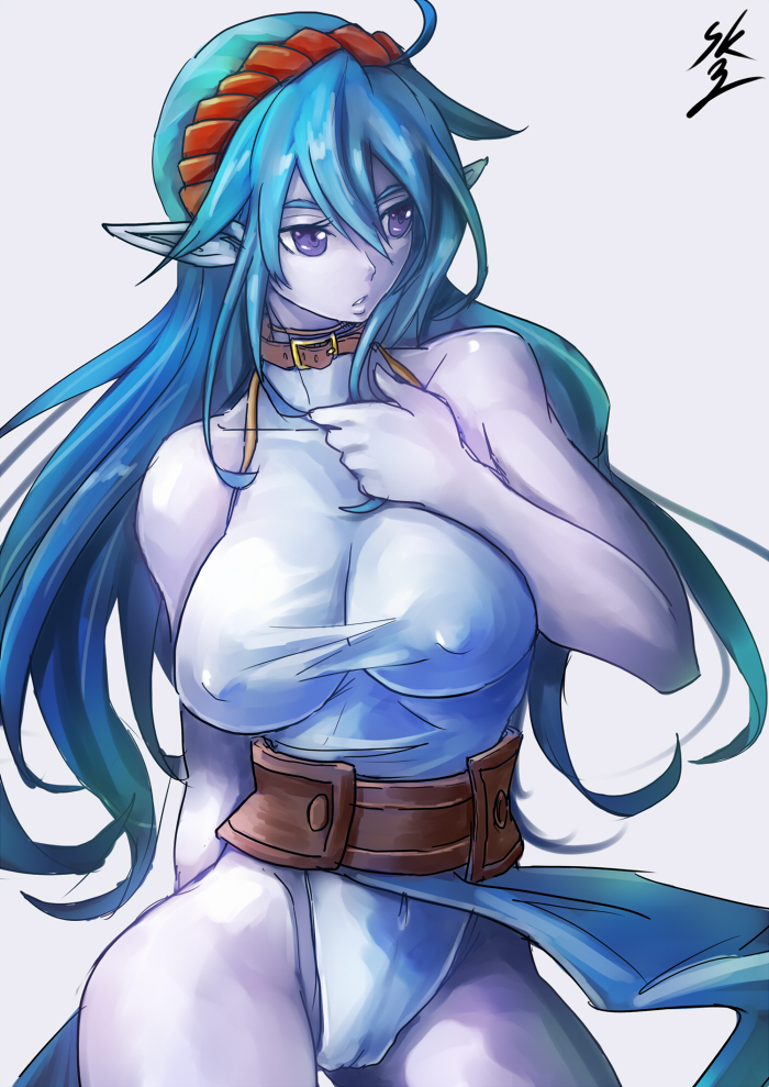 00s 1girl arm_behind_back blue_hair breasts celsius celsius_(tales) colored_skin covered_erect_nipples female_focus hairband hand_on_own_chest huge_breasts leotard long_hair navel pointy_ears purple_eyes purple_skin signature solo sowel_(sk3) tales_of_(series) tales_of_eternia