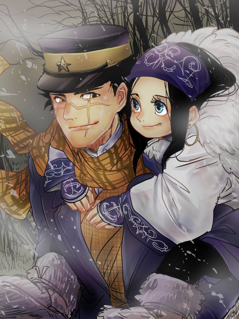 1boy 1girl ainu ainu_clothes asirpa bare_tree black_hair blue_eyes boots cape carrying closed_mouth commentary_request earrings eyelashes fur_cape golden_kamuy hat hoop_earrings jewelry labell_xx long_hair military_hat piggyback scar scar_on_face scarf sidelocks smile snowing sugimoto_saichi tree upper_body