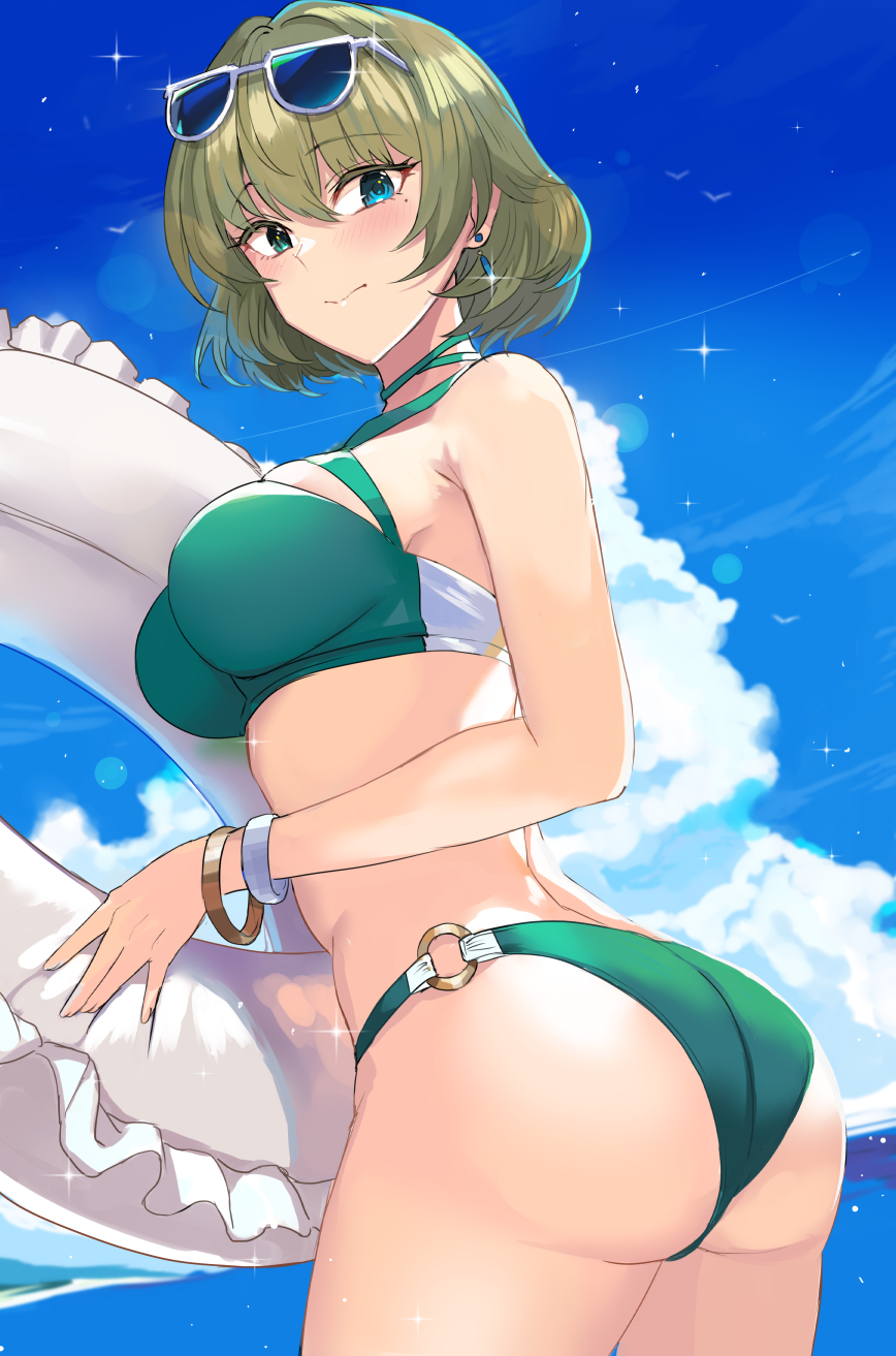 1girl ashita_(2010) ass beach bikini blue_sky blush bracelet breasts cloud commission earrings eyewear_on_head glint green_bikini green_hair highres idolmaster idolmaster_cinderella_girls innertube jewelry looking_at_viewer medium_breasts mole mole_under_eye o-ring o-ring_bikini skeb_commission sky solo swim_ring swimsuit takagaki_kaede tinted_eyewear twisted_torso