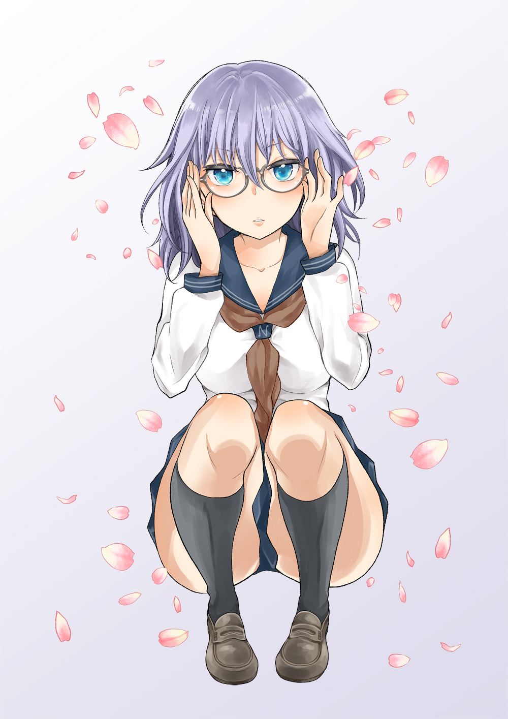 1girl adjusting_eyewear amaguri_senko black_socks blue_eyes blue_sailor_collar blue_skirt blush breasts brown_footwear brown_neckerchief falling_petals full_body gradient_background henjo_~hen_na_joshi_kousei_amaguri_senko~ highres long_hair long_sleeves looking_at_viewer medium_breasts medium_hair neckerchief petals purple_background purple_hair sailor_collar shirt simple_background skirt socks solo ubizo white_background white_shirt