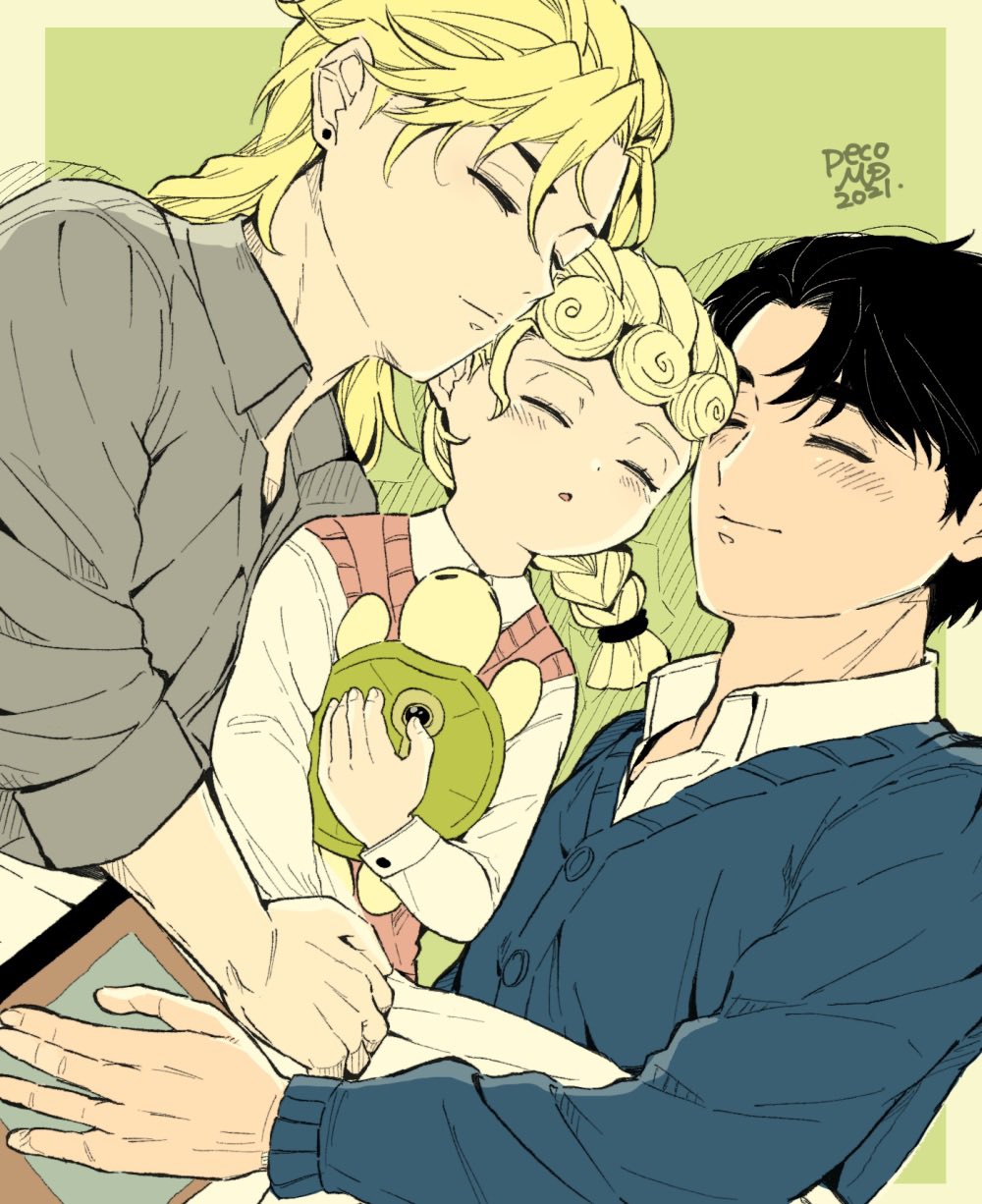 3boys aged_down bed_sheet blonde_hair blush braid child closed_eyes closed_mouth coco_jumbo commentary dio_brando english_commentary family father_and_son giorno_giovanna grey_shirt highres implied_yaoi jojo_no_kimyou_na_bouken jonathan_joestar long_hair long_sleeves lying male_focus morino_peko multiple_boys shirt short_hair sleeping smile sweater turtle vento_aureo white_shirt