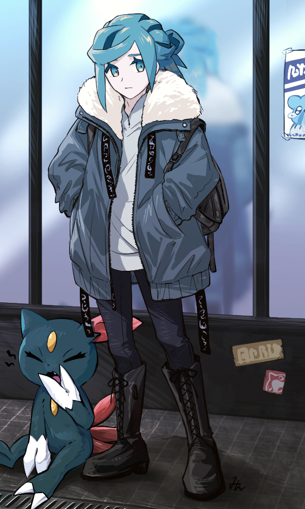 1boy alternate_costume aqua_eyes aqua_hair backpack bag boots character_print closed_mouth coat commentary_request cubchoo game_freak gen_2_pokemon gen_5_pokemon grey_coat grusha_(pokemon) hands_in_pockets looking_at_viewer male_focus min_(myna8247) nintendo open_clothes open_coat pants pokemon pokemon_(creature) pokemon_sv poster_(object) sneasel standing yawning
