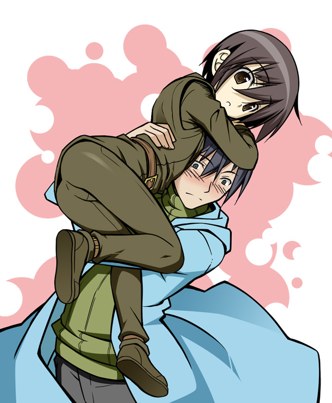 00s 1boy 1girl androgynous belt black_eyes black_hair blush boots brown_eyes brown_hair carrying coat formal_clothes kino_(kino_no_tabi) kino_no_tabi rankei reverse_trap ribbed_sweater shizu_(kino_no_tabi) short_hair suit sweater turtleneck