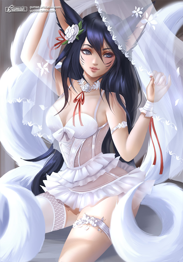 1girl ahri_(league_of_legends) animal_ears black_hair blue_eyes bridal_veil facial_mark female_focus flower fox_ears fox_tail frilled_thigh_strap gumae hair_flower hair_ornament league_of_legends lingerie long_hair looking_at_viewer multiple_tails single_thighhigh solo tail thigh_strap thighhighs underwear veil whisker_markings white_thighhighs wrist_cuffs