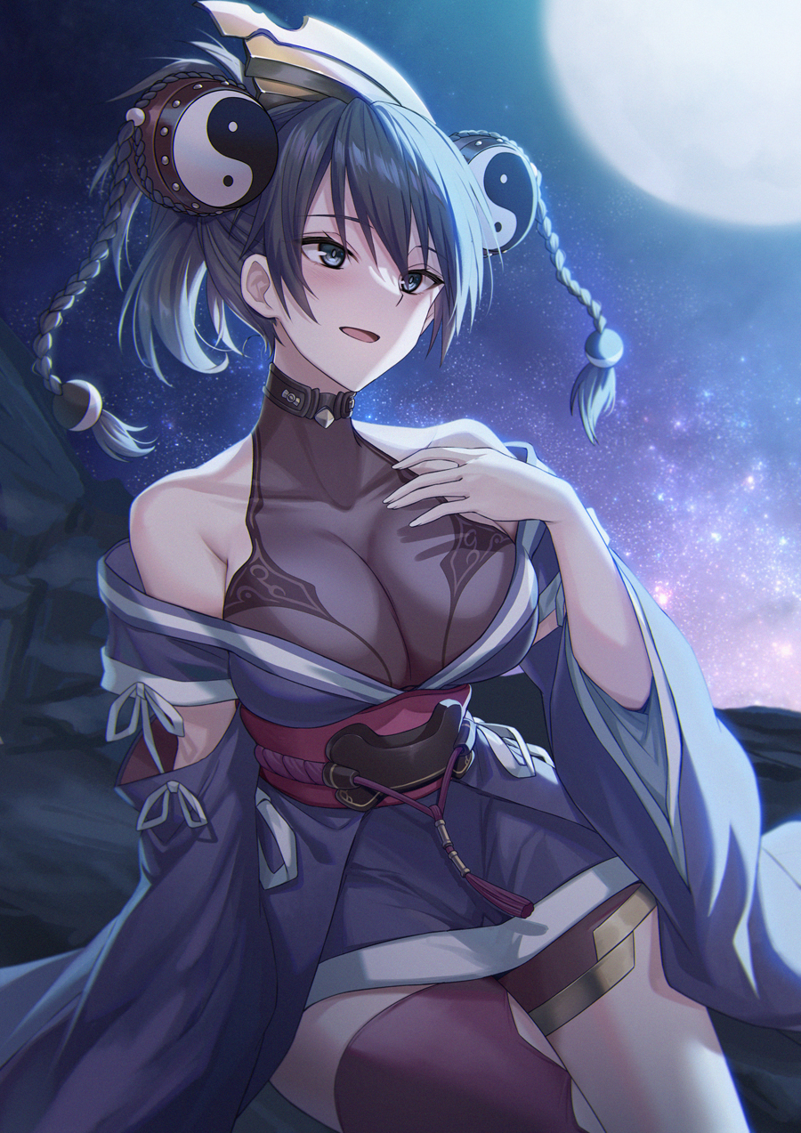 1girl ar_tonelico ar_tonelico_i black_hair blue_eyes braid breasts cleavage commentary cowboy_shot drum full_moon hair_ornament hand_on_own_chest highres instrument instrument_hair_ornament large_breasts long_sleeves luzi misha_arsellec_lune moon night night_sky off_shoulder outdoors parted_lips purple_thighhighs single_thighhigh sky smile solo tassel thighhighs twin_braids wide_sleeves yin_yang