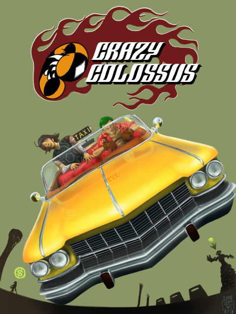2boys axel_(crazy_taxi) bandages brown_hair cadillac car colossus crazy_taxi crossover game_console green_hair hairband mizu_murasaki motor_vehicle multiple_boys open_clothes open_shirt parody playstation_2 poncho sega shadow_of_the_colossus shirt short_hair taxi vehicle_focus video_game wander_(shadow_of_the_colossus)