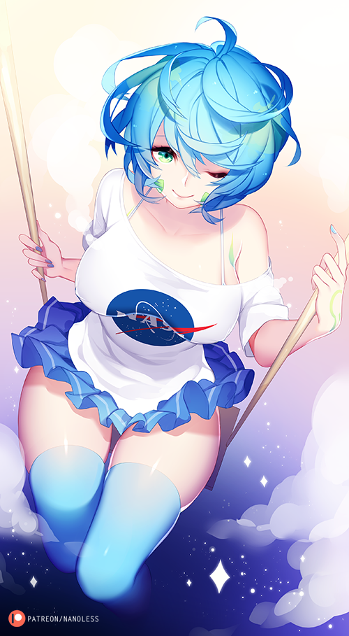 1girl ;) bare_shoulders blue_hair blue_nails blue_skirt blue_thighhighs breasts cloud earth-chan female_focus from_above green_eyes large_breasts looking_at_viewer microskirt miniskirt nail_polish nanoless nasa one_eye_closed original pleated_skirt shirt short_hair sitting skirt smile solo sparkle swing t-shirt thighhighs wind wind_lift