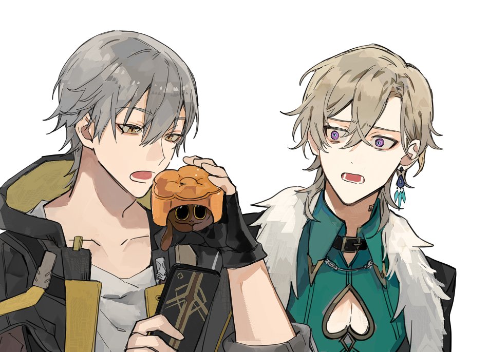 2boys all1713676 animal aqua_shirt aventurine_(honkai:_star_rail) black_collar black_gloves black_jacket blonde_hair blue_pupils brown_fur caelus_(honkai:_star_rail) cat cat_tail cellphone closed_mouth clothing_cutout collar collarbone collared_shirt commentary_request critter_pick_(honkai:_star_rail) crossed_bangs earrings fingerless_gloves food fur_trim gloves grey_hair hair_between_eyes half-closed_eyes hands_up heart_cutout holding holding_food holding_phone honkai:_star_rail honkai_(series) hood hooded_jacket imminent_eating jacket jewelry long_sleeves looking_at_another looking_at_food looking_down male_focus mooncake multiple_boys neck_tattoo open_clothes open_jacket open_mouth phone purple_eyes scared shirt short_hair simple_background single_earring smartphone smile standing t-shirt tail tattoo teeth tongue trailblazer_(honkai:_star_rail) two-sided_fabric two-sided_jacket upper_body white_background white_shirt yellow_eyes yellow_jacket