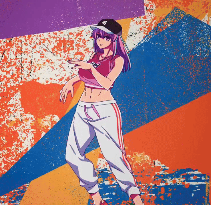 2025 20s 2girls animated animated_gif bare_shoulders baseball_cap blonde_hair breasts byobugaura_homare cleavage crop_top dancing grin hat headphones large_breasts long_hair midriff multiple_girls pants pink_eyes pink_hair pink_sports_bra purple_pants sazanami_kuina shirt short_hair smile spinning sports_bra tagme tougen_anki white_pants white_shirt yellow_eyes