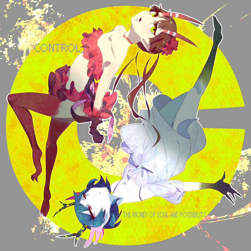 10s 2girls antlers breasts c_(control) dress english_text frills head_wings horns mashu mashu_(control) menoco midriff multiple_girls q_(control) see-through_clothes simple_background small_breasts strapless thighhighs tube_top upside-down wings