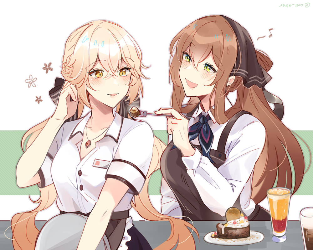 2girls alternate_costume apron blonde_hair blush bow brown_apron coll_(erichankun) collared_shirt commission dessert food fork girls&#039;_frontline green_eyes hair_bow headdress holding holding_fork jewelry long_hair looking_at_another looking_at_food multiple_girls musical_note necklace official_alternate_costume open_mouth ots-14_(girls&#039;_frontline) shirt simple_background smile spoken_musical_note springfield_(girls&#039;_frontline) upper_body waist_apron waitress white_shirt yellow_eyes