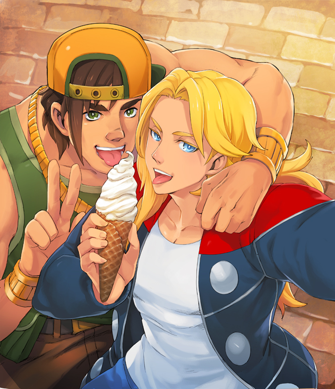 2boys arm_around_shoulder avengers_(series) avengers_academy backwards_hat baseball_cap blonde_hair blue_eyes bracelet brick_floor bright_pupils brown_hair brown_pants chain collarbone food gold_bracelet gold_chain green_eyes green_tank_top hat hercules_(marvel) ice_cream ice_cream_cone jacket jewelry long_hair marvel multiple_boys muscular muscular_male nikumeron official_alternate_costume open_clothes open_jacket pants selfie sharing_food shirt short_hair tank_top thick_eyebrows thor_(marvel) tongue tongue_out two-tone_headwear v white_pupils white_shirt yaoi yellow_hat