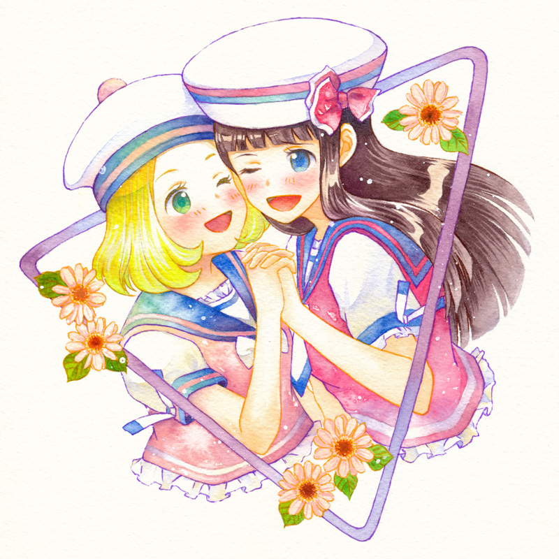 2girls blonde_hair blue_eyes brown_hair cheek-to-cheek classicaloid eyelashes flower green_eyes hat heads_together holding_hands kankichi long_hair multiple_girls one_eye_closed open_mouth painting_(medium) pink_shirt pyotr_illyich_tchaikovsky_(classicaloid) sailor_collar shirt short_hair short_sleeves tekla_badarzewska-baranowska_(classicaloid) traditional_media watercolor_(medium) white_hat white_shirt