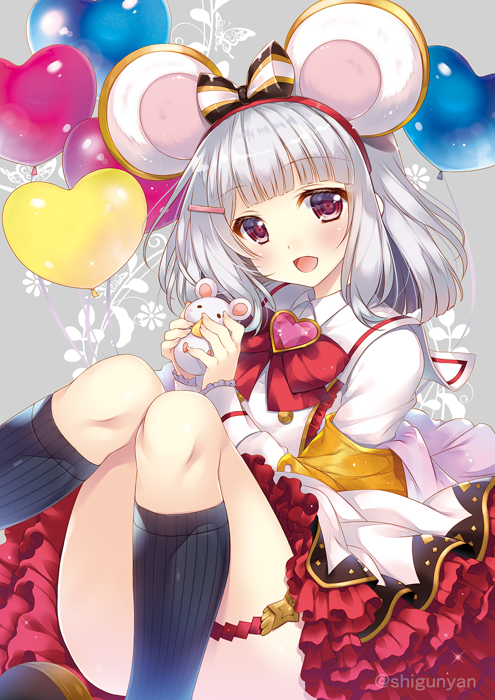 1girl animal_ears balloon bow brooch cheese fake_animal_ears food frills granblue_fantasy hair_ornament hairclip heart heart_brooch highres jewelry mouse_(animal) mouse_ears red_eyes shigunyan skirt solo twitter_username vikala_(granblue_fantasy) white_skirt