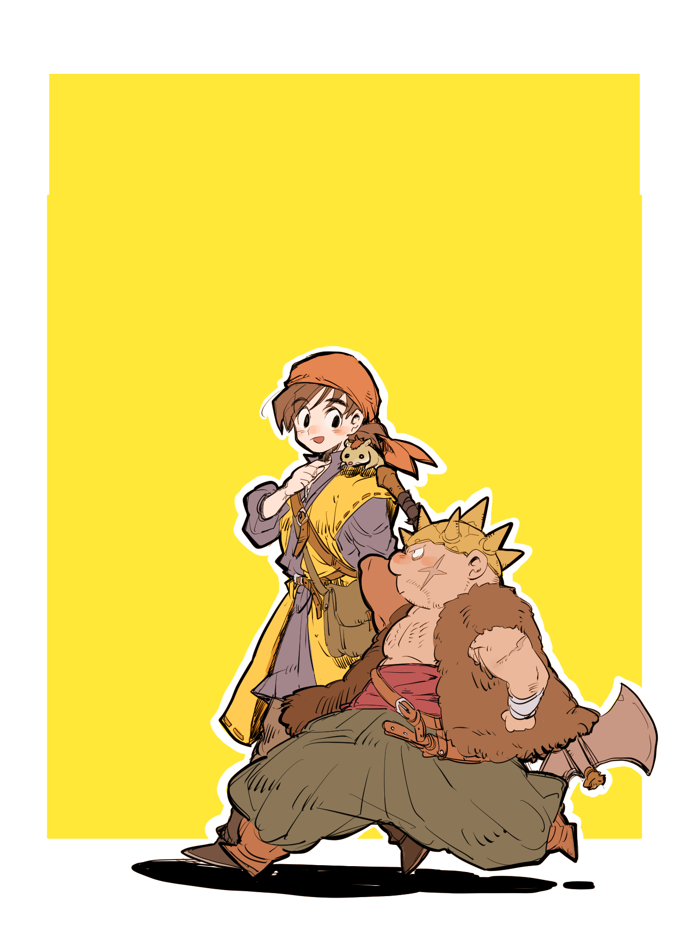 2boys axe bag bandaged_wrist bandages bandana boots brown_boots brown_hair coat cross_scar dragon_quest dragon_quest_viii fur_vest green_pants hamster hero_(dq8) highres multiple_boys orange_bandana orange_boots pants purple_shirt red_sash saitou_piyoko sash scar shirt shoulder_bag sleeveless sparse_chest_hair spiked_helmet walking yangus yellow_coat