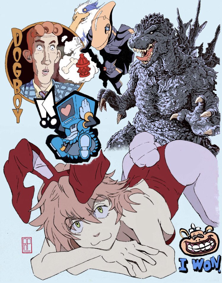animal_ears ass blue_background bone breasts character_request copyright_request crossover flcl godzilla godzilla_(series) godzilla_minus_one green_eyes hair_between_eyes haruhara_haruko heart kimitachi_wa_dou_ikiru_ka leotard messy_hair pink_hair playboy_bunny pontoffel_nopockets rabbit_ears short_hair toho