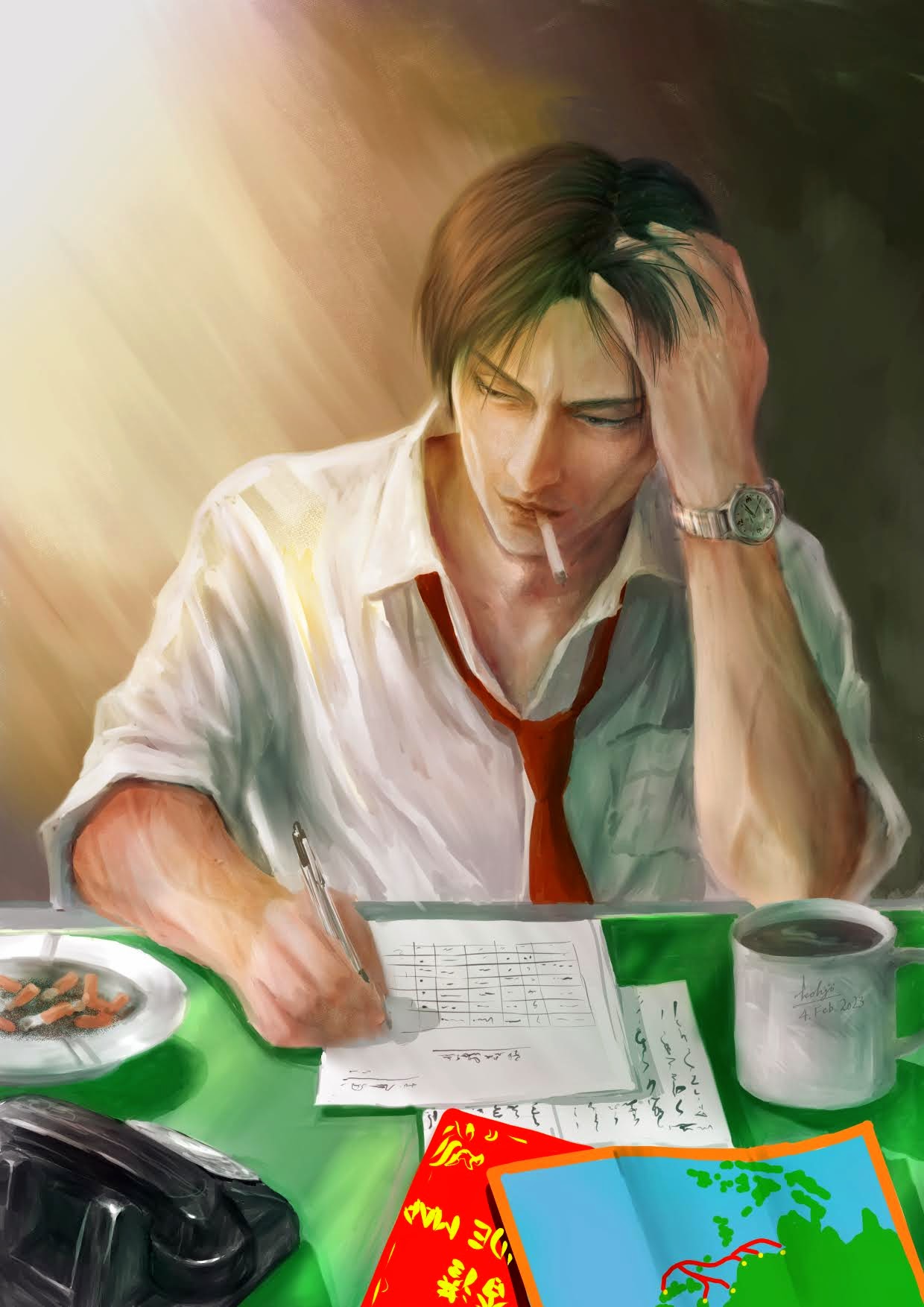 1boy black_hair brown_eyes chen_gui_zhang chinese_text cigarette cigarette_butt coffee coffee_mug cup dated desk dress_shirt hand_in_own_hair highres kohji looking_down loose_necktie map medium_hair mug necktie paper parted_bangs pen phone red_necktie sega shenmue shenmue_i shirt signature sleeves_rolled_up smoking watch white_shirt wristwatch writing