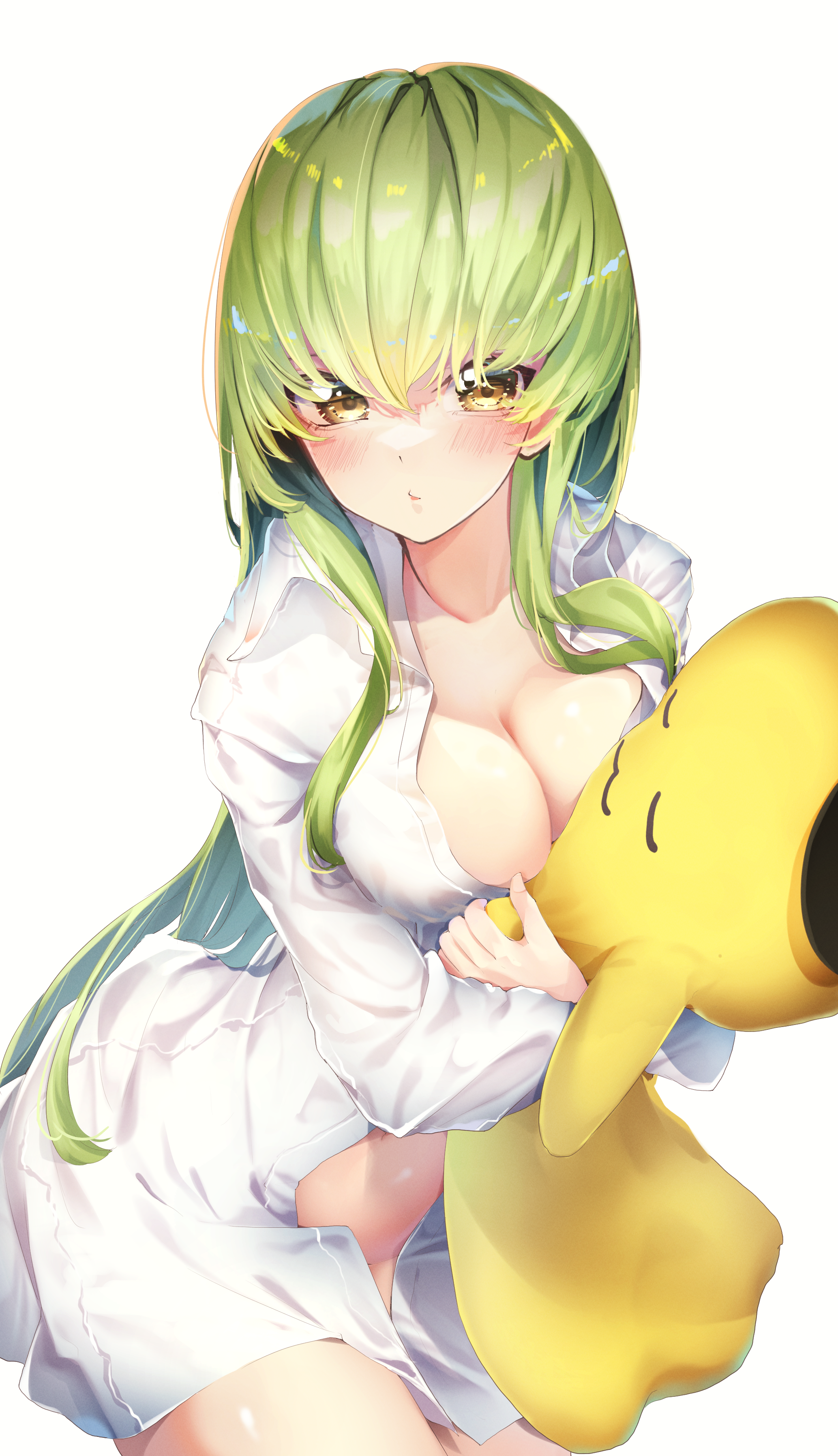 1girl absurdres alternate_breast_size blush breasts c.c. cheese-kun cleavage closed_mouth code_geass green_hair highres holding holding_stuffed_toy large_breasts long_hair looking_at_viewer no_pants shirt simple_background solo stuffed_toy white_background white_shirt yellow_eyes yuunamida_uyu