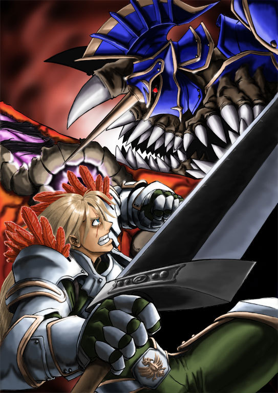 armor battle blonde_hair blue_eyes clenched_teeth eyeball fangs knight long_hair male_focus monster namco nightmare_(soulcalibur) nigtouab scar siegfried_schtauffen soul_calibur soul_edge_(weapon) soulcalibur soulcalibur_iii sword teeth weapon