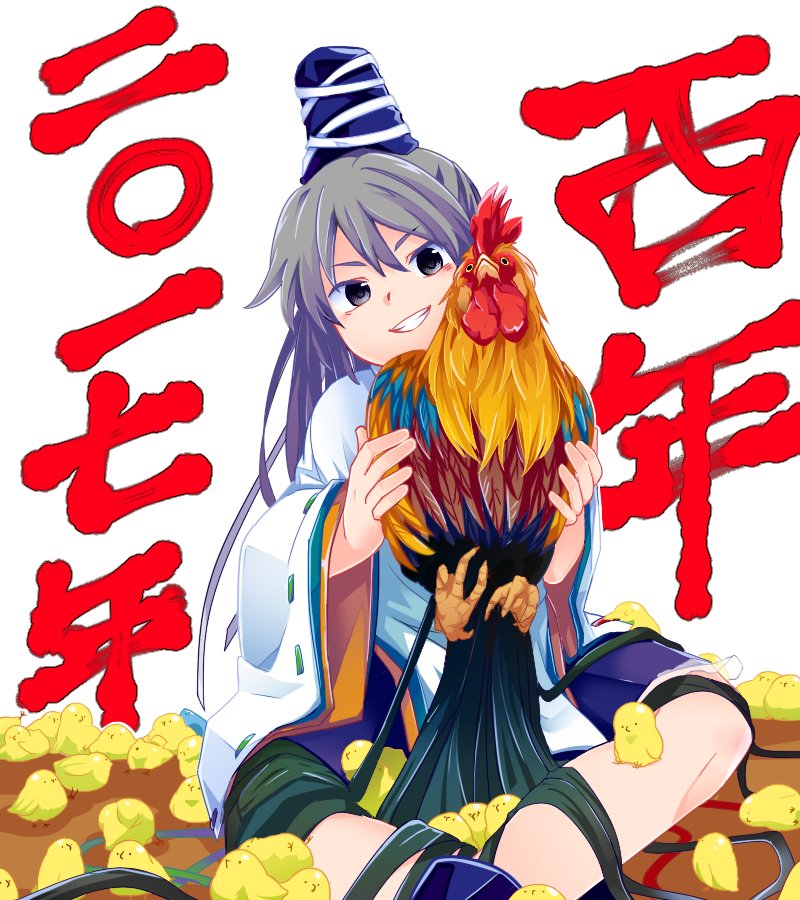 1girl animal bird blue_skirt chick chicken grey_eyes grey_hair grin hair_between_eyes hat holding holding_animal japanese_clothes kariginu mononobe_no_futo ribbon-trimmed_sleeves ribbon_trim rooster shikushiku_(amamori_weekly) sitting skirt smile tate_eboshi too_many too_many_birds too_many_chicks touhou white_background wide_sleeves zodiac