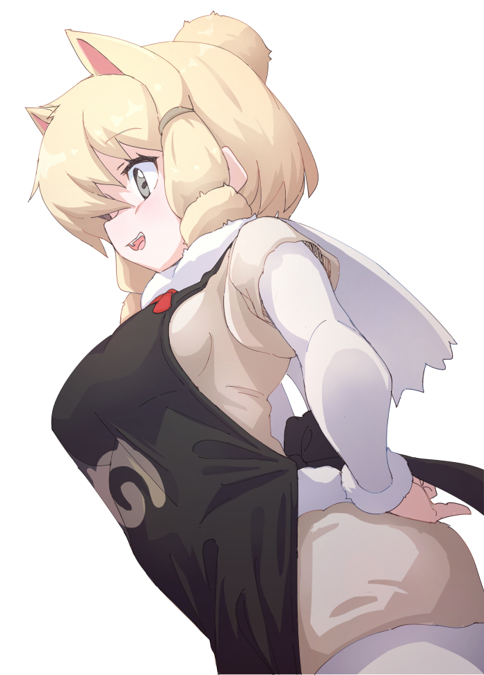 1girl adjusting_apron alpaca_ears alpaca_girl alpaca_suri_(kemono_friends) alpaca_tail animal_ears apron back_bow black_apron blush bow bowtie cowboy_shot extra_ears from_below fur_collar fur_trim green_eyes hair_bun hair_over_one_eye hair_tubes japari_symbol kemono_friends lowlandgorilla open_mouth pantyhose red_bow red_bowtie shirt short_hair short_shorts shorts sidelocks smile solo sweater tail white_fur white_hair white_pantyhose white_shirt white_shorts white_sweater