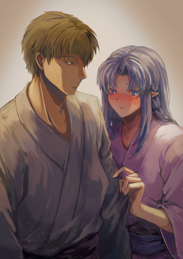 1boy 1girl blue_eyes blue_hair blush braid brown_hair cheekbones commentary_request couple fate/stay_night fate_(series) grey_kimono japanese_clothes kara413 kimono kuzuki_souichirou long_hair medea_(caster)_(fate) medea_(fate) parted_bangs pointy_ears purple_kimono side_braid sweatdrop