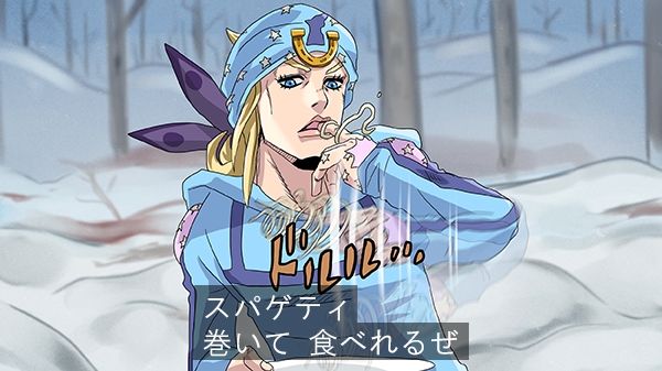 1boy blonde_hair blue_eyes fake_screenshot food hat hood hoodie johnny_joestar jojo_no_kimyou_na_bouken long_sleeves male_focus pasta shimura_(yoshikatu) solo spaghetti steel_ball_run