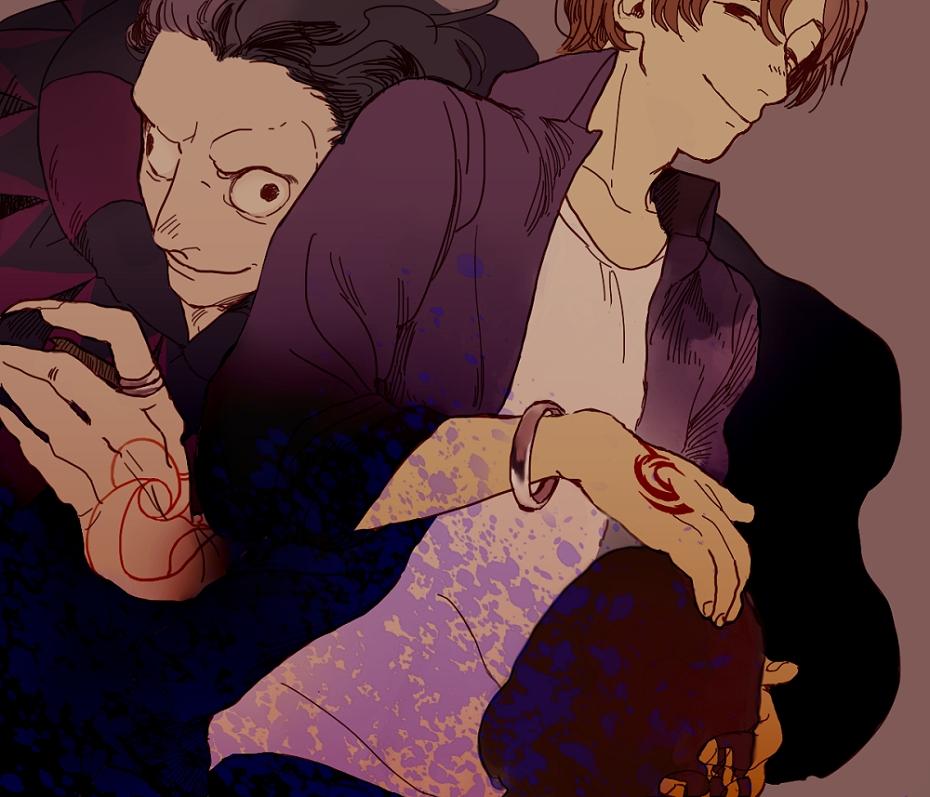 2boys black_eyes bracelet collared_shirt command_spell dutch_angle evil_smile fate/zero fate_(series) fingernails gilles_de_rais_(caster)_(fate) gilles_de_rais_(fate) hair_slicked_back hand_up head_out_of_frame jewelry large_hands layered_shirt looking_at_viewer male_focus multiple_boys musikolis no_eyebrows orange_hair ring sharp_fingernails shirt smile upper_body uryuu_ryuunosuke