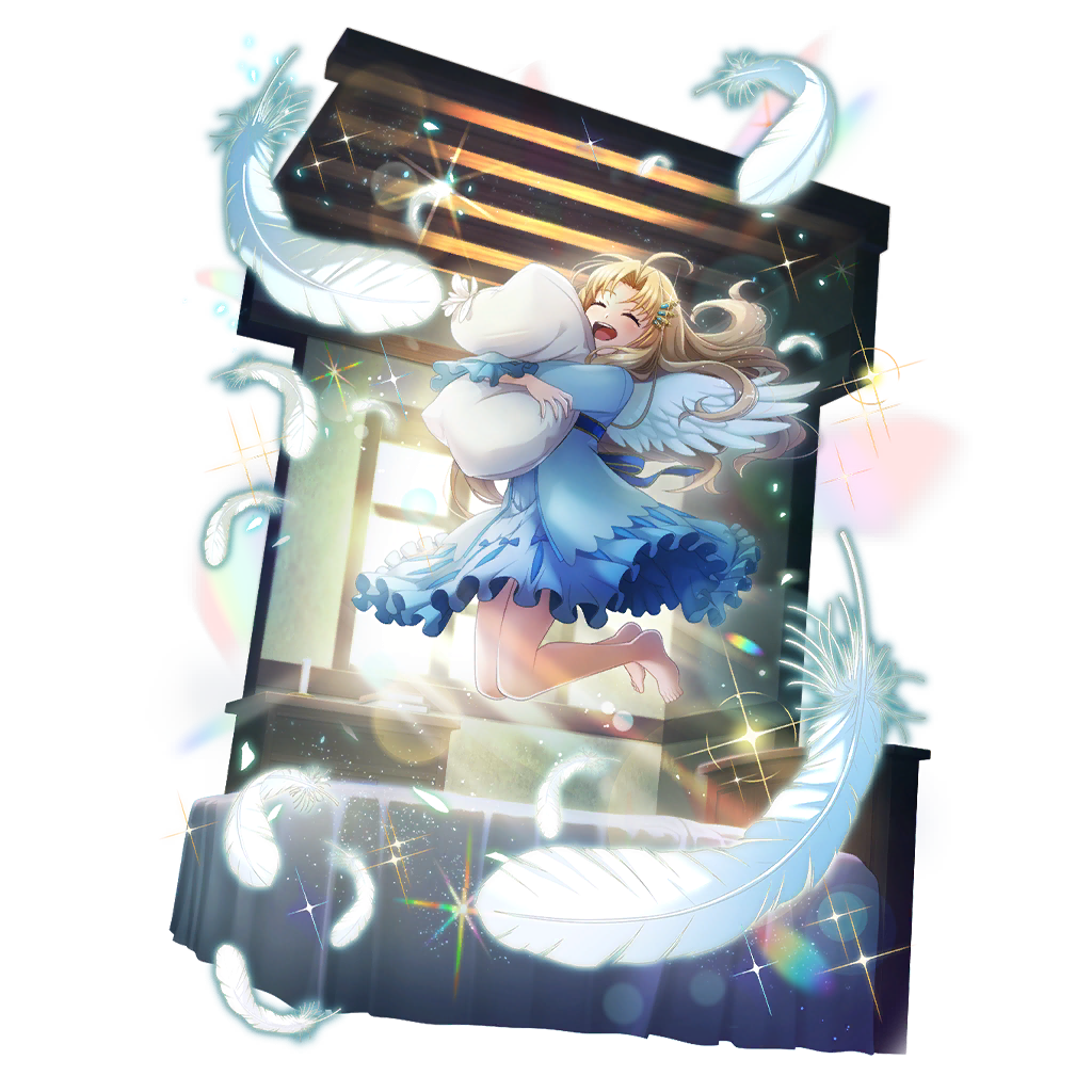 1girl :d ^_^ ahoge artist_request barefoot bed bird_girl bird_wings blonde_hair blue_dress child closed_eyes curtained_hair day dress falling_feathers feathered_wings feathers filo_(tate_no_yuusha_no_nariagari) floating floating_hair frilled_dress frilled_sleeves frills full_body game_cg hugging_object indoors light_particles long_hair long_sleeves medium_dress official_art open_mouth pillow simple_background smile solo sparkle straight_hair tate_no_yuusha_no_nariagari tate_no_yuusha_no_nariagari_rerise teeth tongue transparent_background two-tone_dress upper_teeth_only white_dress white_wings wing_hairpin wings