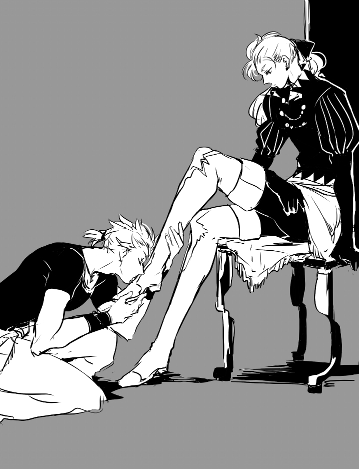 2boys bow brothers collared_shirt edgar_roni_figaro final_fantasy final_fantasy_vi from_side greyscale hair_bow holding_another&#039;s_foot kissing_foot kneeling looking_at_another looking_down male_focus monochrome multiple_boys picopicodon ponytail puffy_sleeves sabin_rene_figaro shirt short_ponytail siblings simple_background sitting twins yaoi