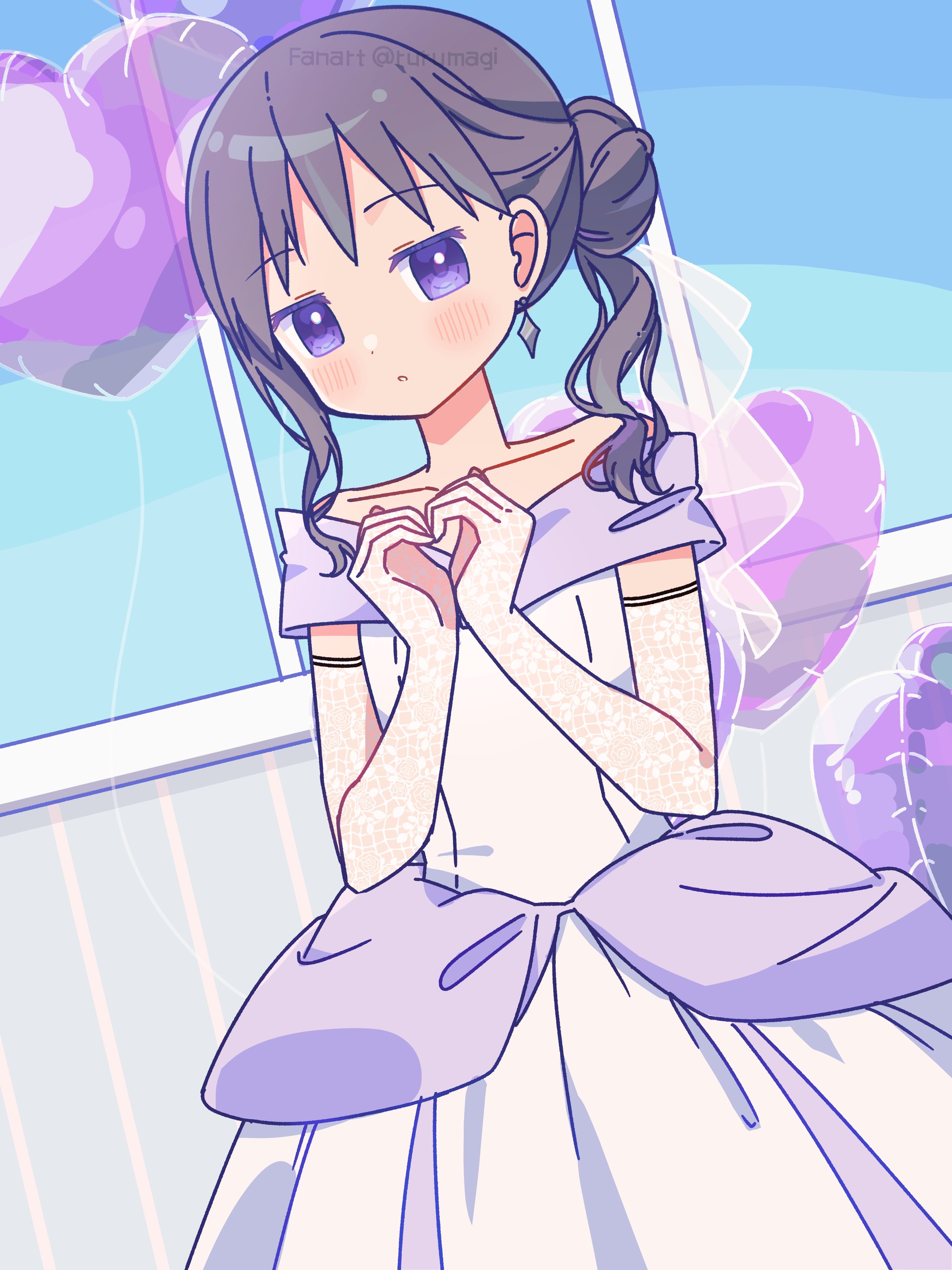 1girl absurdres alternate_hairstyle balloon black_hair day dress elbow_gloves gloves hair_bun heart_balloon highres long_hair mahou_shoujo_madoka_magica purple_eyes ruru_(rurumagi) single_hair_bun solo white_dress window
