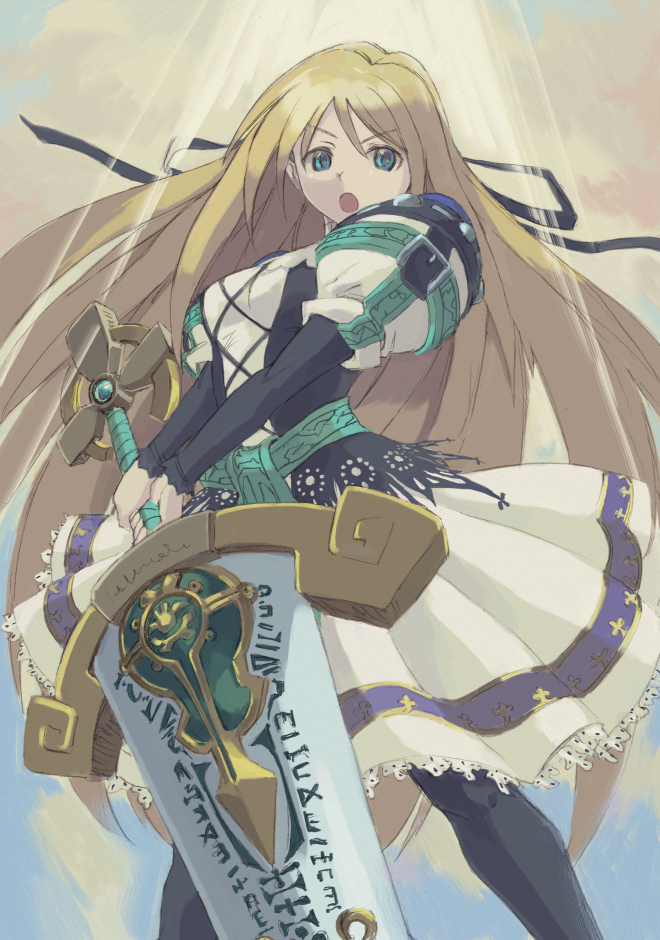 1girl black_pantyhose black_ribbon blonde_hair blue_eyes breasts cross-laced_clothes dress hair_between_eyes hair_ribbon holding holding_sword holding_weapon lace lace-trimmed_dress lace_trim legs_apart light_rays long_hair long_sleeves open_mouth pantyhose ribbon small_breasts solo sword v-shaped_eyebrows v_arms vaison very_long_hair weapon yggdra_union yggdra_yuril_artwaltz