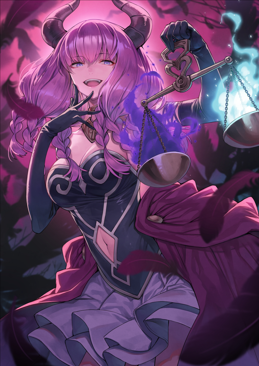 1girl aura_(sousou_no_frieren) bare_shoulders black_bustier black_gloves blue_eyes braid breasts bustier clothing_cutout commentary_request cowboy_shot demon_girl demon_horns elbow_gloves falling_feathers feathers gloves hagure_keg highres holding_scale horns large_breasts layered_skirt long_hair looking_at_viewer multiple_braids navel navel_cutout open_mouth pink_hair pleated_skirt revision skirt solo sousou_no_frieren teeth upper_teeth_only weighing_scale white_skirt